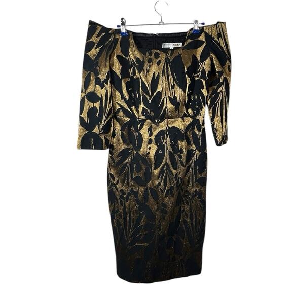 Trina Turk Metallic Jacquard Off-the-Shoulder Sumire Dress Size 4 – Black & Gold - Picture 4 of 14